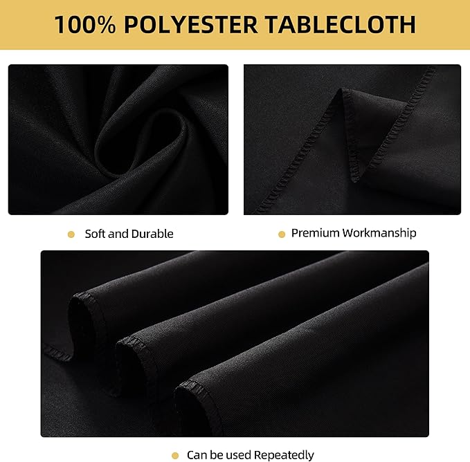 2-Pack Round 120-inch Black Table Cloths, Solid Stain and Wrinkle Resistant Circular Tablecloth, Premium Plain Weave Polyester Fabric Table Linen Covers for Hotel, Banquet