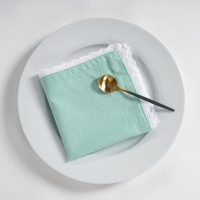 Fingercraft Dinner Cloth Napkin Cotton Linen Set of 12 Mitered Corners with Natural Elegant Lace for Everyday Use Napkins are Pre Shrunk and Good Absorbency with Lace 20x20 in Aqua