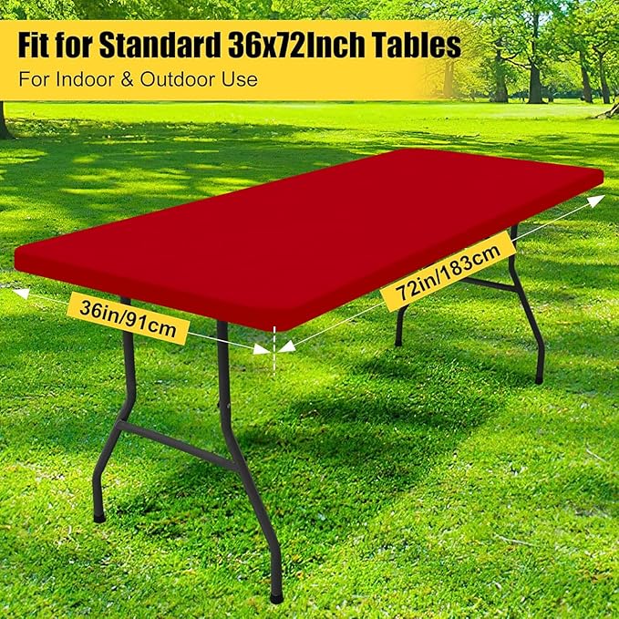 Smiry Rectangle Picnic Table Cloth, Waterproof Elastic Fitted Tablecloths for 6 Foot Tables, Washable Polyester Table Cover for Camping, Indoor and Outdoor (Red, 36"x72")