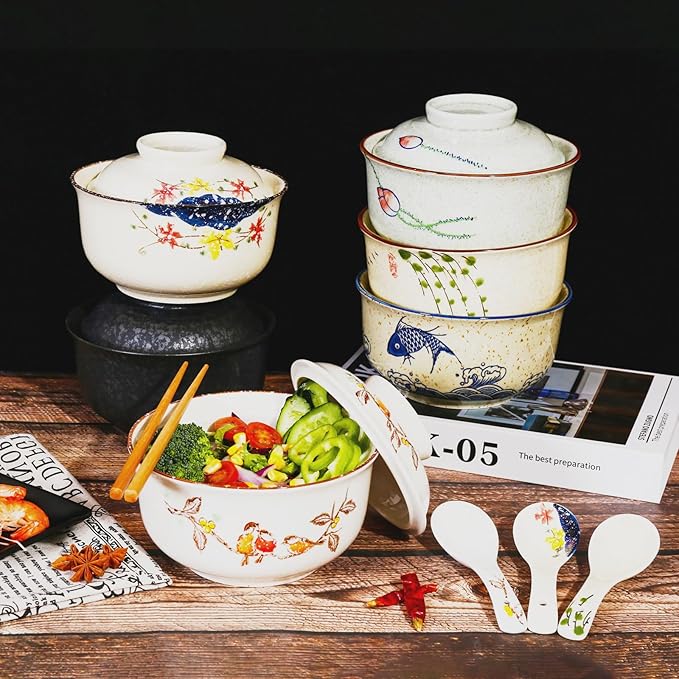 Ceramic Ramen Bowl Set, 800ml, with Lid, Spoon and Chopsticks, Japanese Vintage Large Soup Bowls Instant Noodle Bowl Asian Tableware (Fish*1)