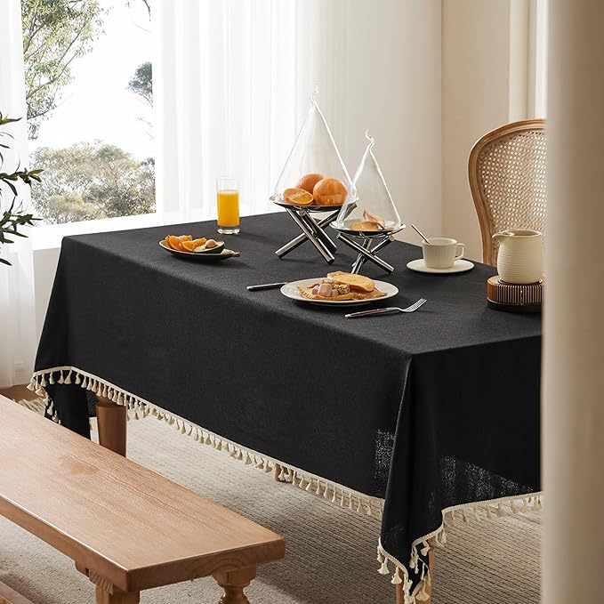 Linen Tablecloth with Tassels, Farmhouse Style Black Tablecloth, Water Resistant Burlap Tablecloths for Square Table, 52x52 Inch Black