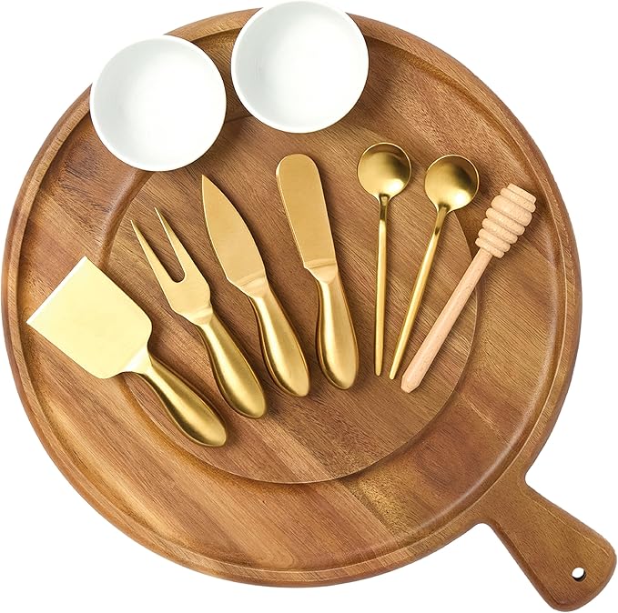 Charcuterie Board Set - Round Acacia Cheese Board for Serving with Accessories - House Warming Gifts for New Home, Bridal Shower & Wedding Gift, Birthday Gifts for Women