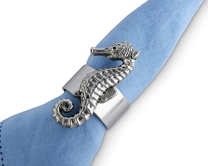 Arthur Court Designer Quality Metal Sea Horse Napkin Rings, Set of 4 - Perfect for Beach House, Coastal Chic, Nautical Decor
