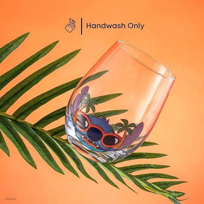 JoyJolt Disney Stitch Silly Sips Stemless Drinking Glasses, 19oz Teardrop Glass Cups, Glass Tumbler Cup Set of 4, Stitch Stuff, Lilo and Stitch Gifts, Disney Gifts for Adults