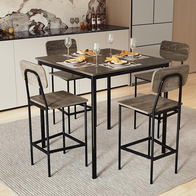 COSTWAY Dining Table Set for 4, 5-Piece Square Kitchen Nook Dinette Set with 4 Bar Stools with Footrest, Backrest, Space-Saving Design, Industrial Kitchen Table and Chairs for Apartment, Grey