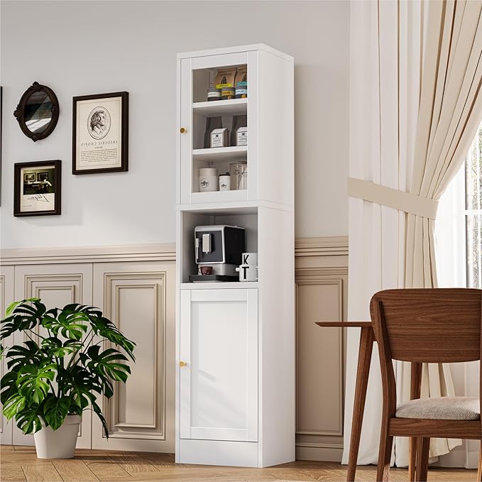 Metal Storage Cabinet with Glass Door, Tall Slim Pantry Organizer with 3 Adjustable Shelves (120LBS/Shelf), Anti-Tipping Waterproof Cabinet for Kitchen/Home Office/Small Spaces,(1PC,White)