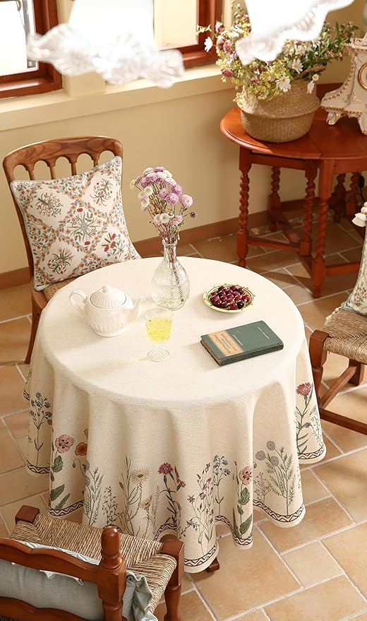 ISAENNE Designer Off White Linen Small Round Tablecloth,Floral Elegant Table Cloth,Stain Resistant Vintage Decor Tablecloths for Dining Thanksgiving Kitchen Christmas,Diameter 55"-Serenity G