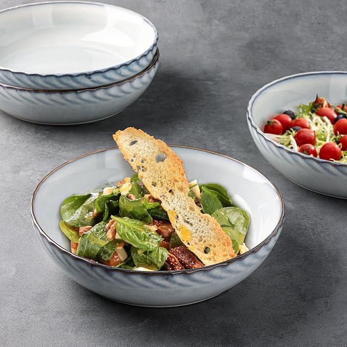 GBhome 8.5'' Large Pasta Bowls, 38 Ounce Stoneware Salad Bowls for Kitchen, Ceramic Serving Bowls With Textured Pattern for Pasta,Fruit, Stews,Noodle, House-warming Gift,Set of 4