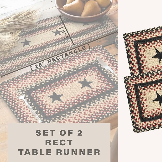 Homespice Primitive Star Gloucester Jute Braided Dinner Table Runner, Warm Primitive Decor, Set of 2, Black and Red Rectangle 8x28 - Rich Colors, Easy to Clean, Durable and Protects Furniture
