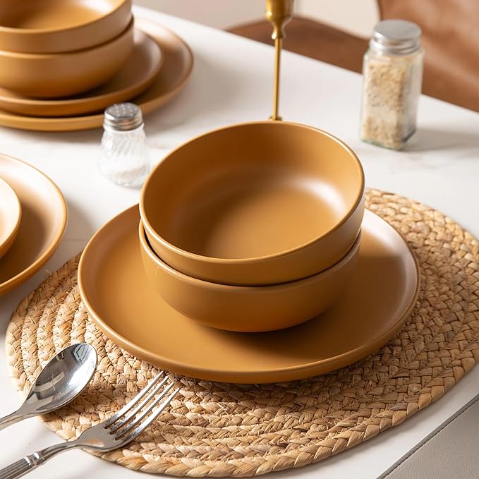 12-Piece Stoneware Dinnerware Set with Mugs | Microwave and Dishwasher Friendly | Stackable Matte Glaze Plates & Bowls | Service for 3 (Orange for 4)