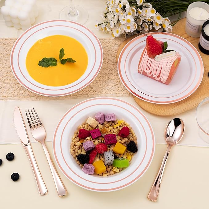 BESTSTAR 50 Pack Disposable Soup Bowls with Rose Gold Rim, 12oz Premium Heavy Duty Plastic Dinner Bowls for Party, Valentine's Day, Wedding and Holiday