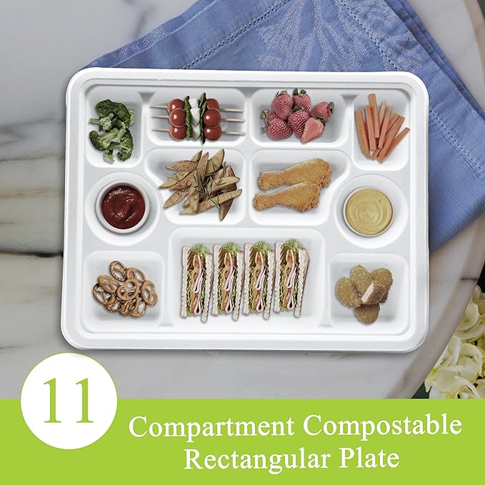 three leaf 11 Compartment Bagasse Rectangular Plate, 25 Ct. PFAS-Free, Heavy Duty, Sugarcane Fiber, Eco Friendly Disposable, 100% Biodegradable, Microwave and Freezer Safe, Ideal for Lunch, Buffet