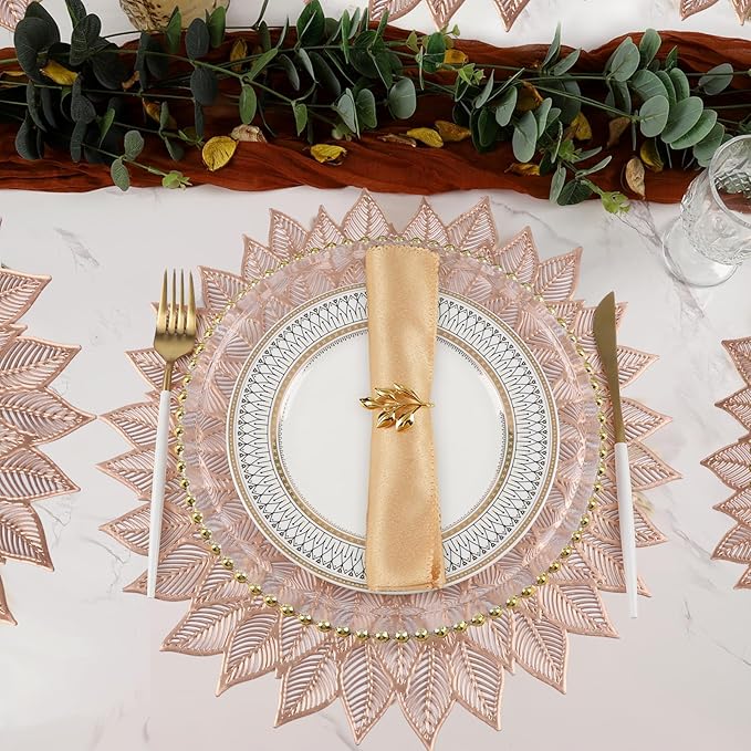 Placemats Set of 4, Round Hollow Out Flowers Place Mats for Dining Table Pressed Vinyl Blooming Leaf Table Mats for Holiday Party Wedding Accent Centerpiece Dinner Table Decoration (Rose Gold)