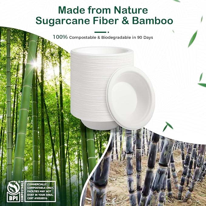 𝟭𝟲 𝗼𝘇, 𝟭𝟮𝟴-𝗣𝗮𝗰𝗸 Compostable Paper Bowls, Heavy-Duty Biodegradable Disposable Bowls Made from Bagasse, Eco-Friendly, Microwave & Freezer Safe (White)