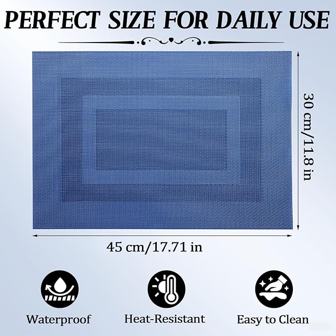 Timeet Blue Placemats Set of 4, Heat Resistant Non-Slip Place Mats, Durable Washable PVC Vinyl Woven Table Mats, Wipeable Placemats for Dining Table Easy to Clean