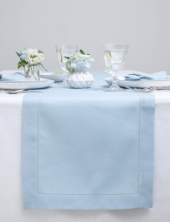 Solino Home Sky Blue Table Runner 90 Inches Long - 100% Pure Linen Hemstitch 14 x 90 Inch Table Runner for Dining, Spring, Easter - Classic Hemstitch
