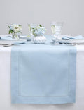 Solino Home Sky Blue Table Runner 90 Inches Long - 100% Pure Linen Hemstitch 14 x 90 Inch Table Runner for Dining, Spring, Easter - Classic Hemstitch