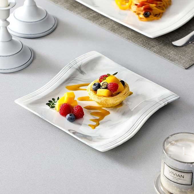 MALACASA Plates and Bowls Set, 12-Piece Modern Porcelain Dinnerware for 4, Marble Square Ceramic Dish Set, Microwave and Dishwasher Safe, Flora Series