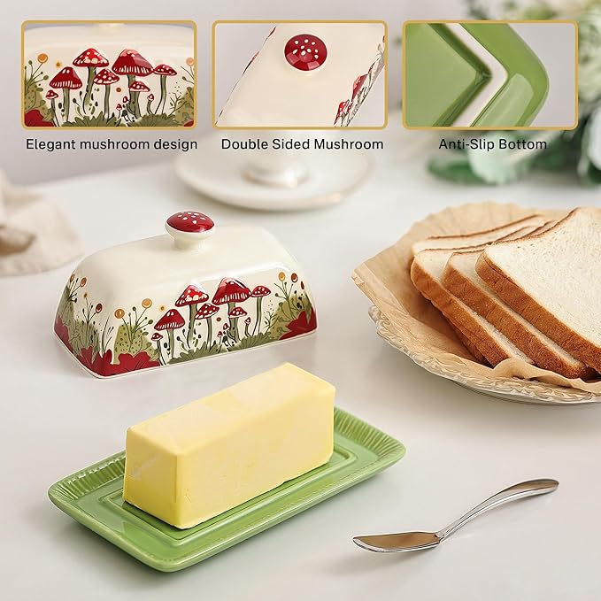 Fungi Fun Mushroom Butter Dish With Lid – Cute Cottagecore Ceramic Storage Container, Vintage French Covered Tray, Boho Farmhouse Kitchen Decor Gift, Unique Countertop Holder (White, Standard)