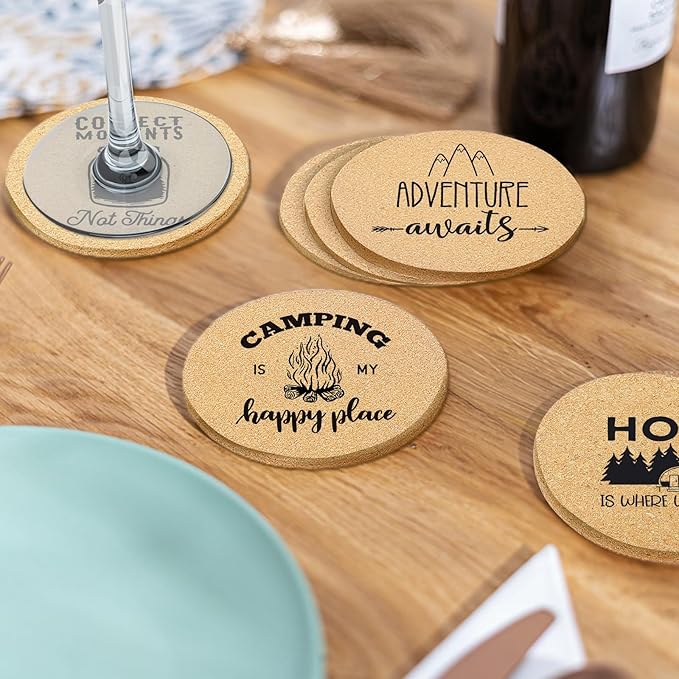 Coasters for Drinks with Holder Set of 6, Camping Coaster Absorbent Cork Wood for Cup Desk Office Table Kitchen Decor House Warming Gifts for New Home Couples, Round 4"