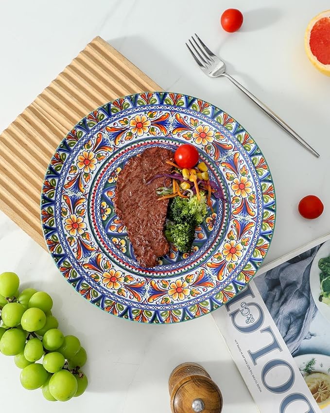 glowworm Dinner Plates Set of 4, 10.5 Inch Ceramic Plates for Steak, Dishes Set for Kitchen, Housewarming Gift，Microwave, Oven & Dishwasher Safe, Bohemian