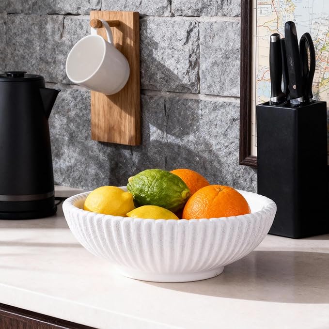 DOVDOV White ruffled-edge decorative bowl, large modern fruit bowl, home decor bowl for kitchen counter, coffee table, or entryway table, minimalist key holder and centerpiece fruit bowl.