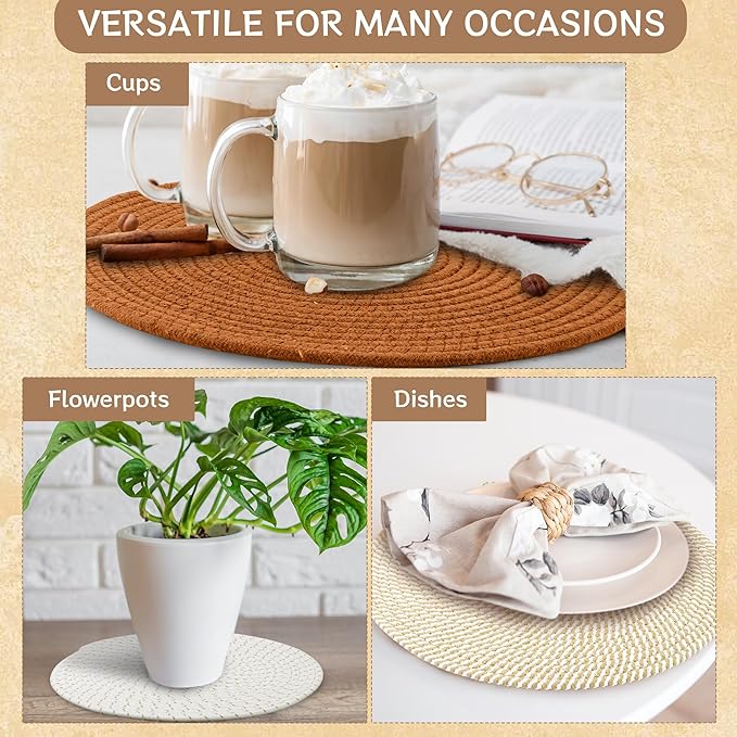 Kochorie Set of 4 Round Woven Cotton Placemats, 13 Inch Boho Table Mats for Kitchen and Dining Table, Farmhouse Heat Resistant Washable Trivets, Fall Thanksgiving Christmas Décor (Mixed Brown)