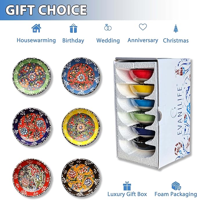 Ceramic Small Dipping Bowls Set of 6, 2.5 Oz Soy Sauce Dish, Handmade Charcuterie, Colorful Pinch, Dishwasher & Microwave Safe Sauce, Mini (BLOOM ARRAY)