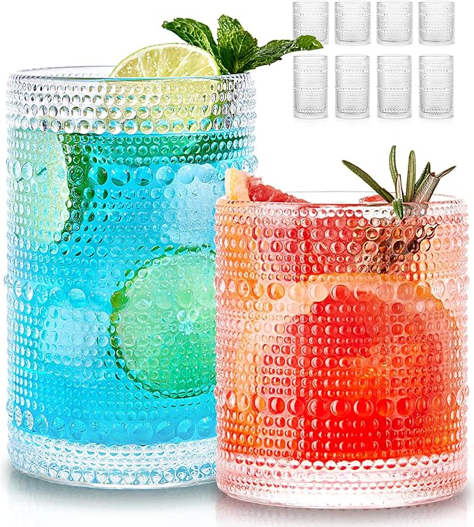 Hobnail Drinking Glasses Set of 8, 4pcs 15oz Highball Glasses & 4pcs 12oz Clear Glass Cups,Kitchen Bar Vintage Embossed Glassware Sets for Whiskey,Cocktail,mocktails,Wine, Water & Juice Drinkware