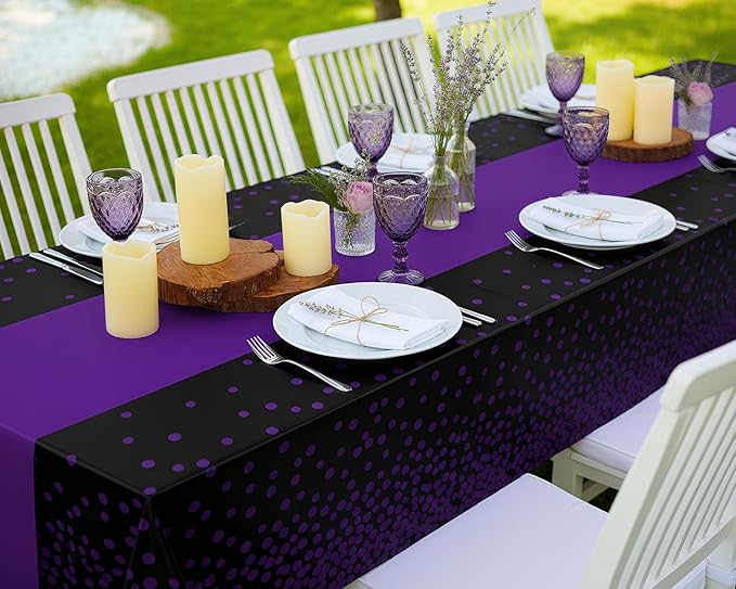 Oudain 6 Pcs Purple and Black Tablecloth for Parties Plastic Dot Tablecloths Printed Table Runner Waterproof Disposable Rectangle Table Cover for Christmas Birthday Wedding Party, 54" x 108"
