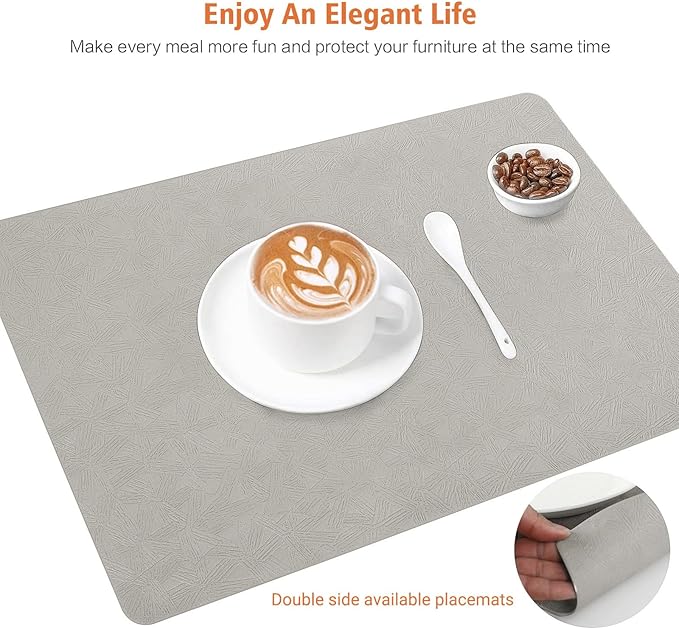 Vinyl Placemats Set of 12 Heat Resistant Easy Clean Non-Slip Place Mats for Dining Table Faux Leather Waterproof Stain Resistant Wipeable Washable PVC Table Mats(12, Light Gray)