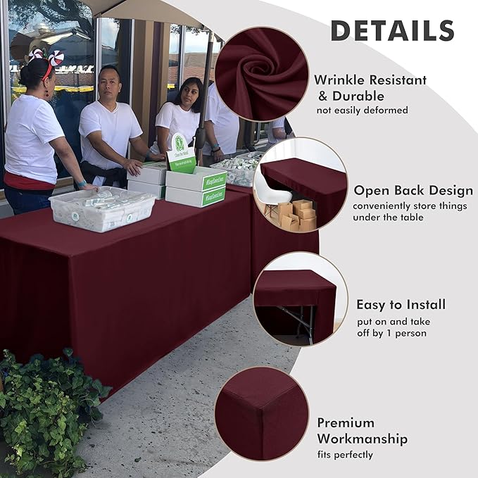 Nasitos 2 Pack 6' Fitted Tablecloth Burgundy Trade Show Table Cloth-Open Back Valentines Tablecloth Washable and Wrinkle Resistant Rectangular Trade Show Table Cover for Parties, Banquet, Baby Shower