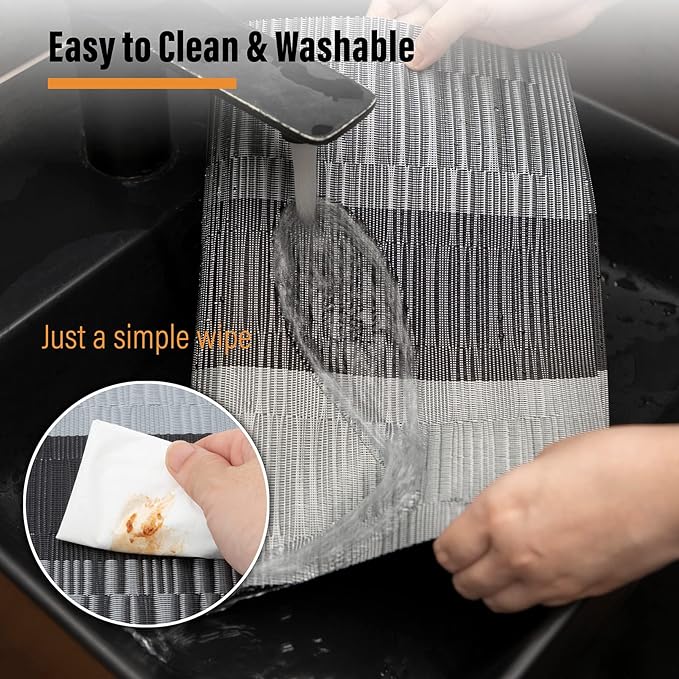 Winknowl Placemats Set of 4, Heat Resistant Non-Slip Vinyl Woven Table Mats for Dining Table, Washable Durable Elegant Place Mats for Kitchen Indoor/Outdoor Use (Black)
