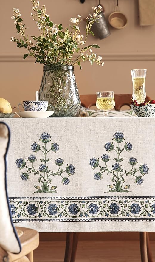 patdrea Designer Linen Vintage Blue Rectangle Tablecloth,Leaves Pattern Durable Floral Table Cloth,French Table Cover Cloth Decor for Kitchen Dining,Christmas,Thanksgiving,Party,63"x87"-Ivar B