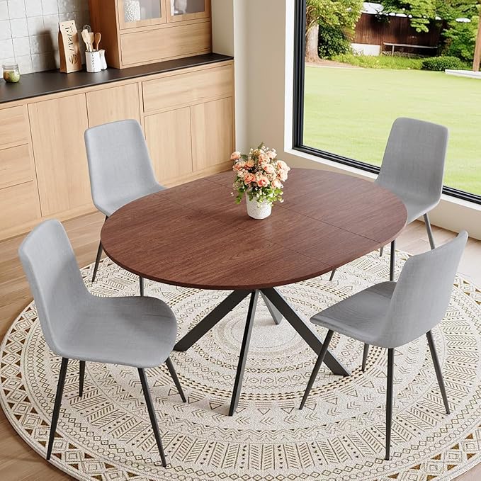 Round Dining Table Set for 4｜42"-54" Extendable Dining Room Table Set｜Wooden Kitchen Table with 4 Chairs｜Mid Century Modern Dinner Table Set with Cross Legs｜Easy Assembly｜Space Saving