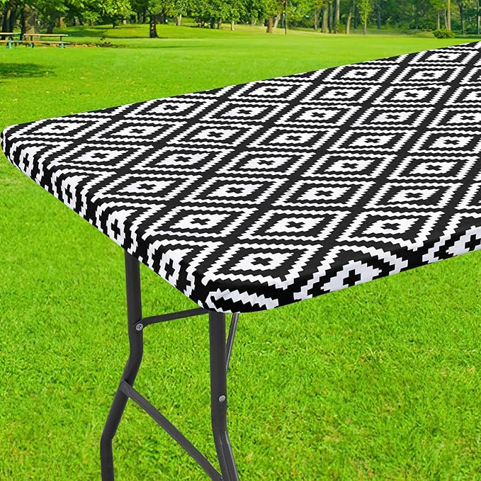 Smiry Rectangle Table Cloth Cover, Waterproof Elastic Fitted Picnic Tablecloth for 4 Foot Tables, Wipeable Flannel Backed Vinyl Tablecloths for Camping, Dining, Outdoor (Black, 30" x 48")