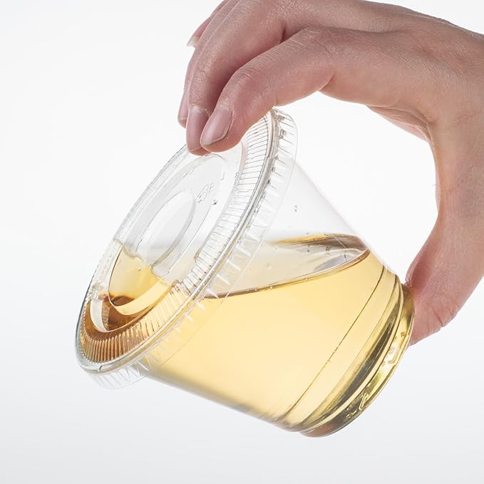 Golden Apple, 9oz-50sets Clear Plastic Cups with Clear Flat no Hole lids…