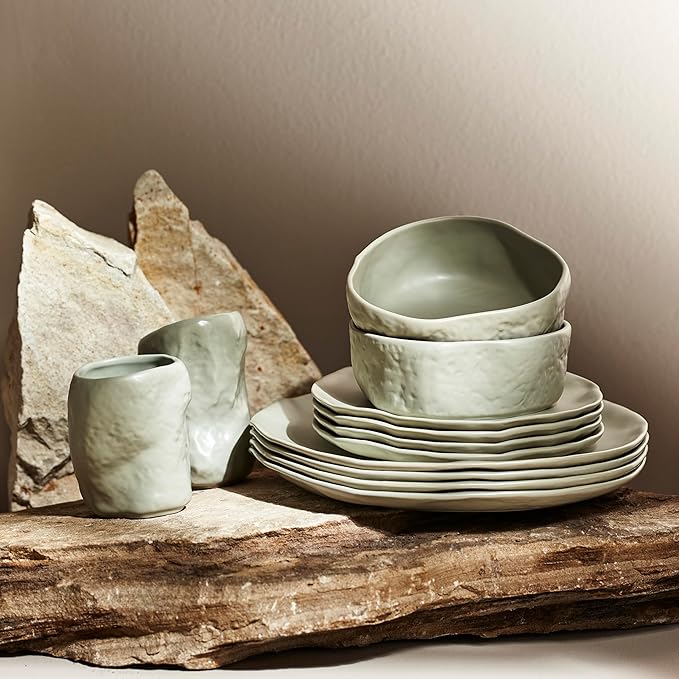 Stone by Mercer Project Atik Modern Stoneware 32-Piece Dinnerware Set, Plate and Bowl Set, Dish set for 8, Sage-Grey