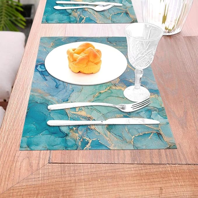Teal Marble Placemats Set of 6 Turquoise Blue Gold Natural Luxury Abstract Fluid Wipeable Table Mats Reusable Washable PVC Rectangle Place Mats for Kitchen Dining Home Decor 12x18 Inches