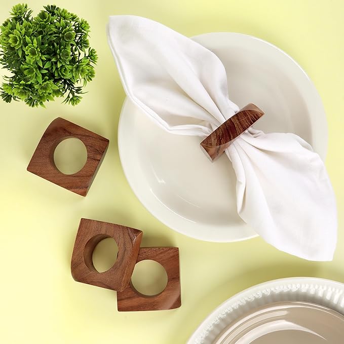 CLEENTABLE Wooden Napkin Rings Set of 12 Fall Decor for Home Square Acacia Wood Napkin Holders for Dining Table Settings Wood Napkin Ring Rustic Table Décor for Weddings, Parties, and Everyday Use