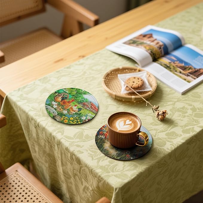 Rooster Coasters Leather Round Drink Coasters 6 Pcs Set with Holderor for Cup Drink Coffee Table Bar Home Decor