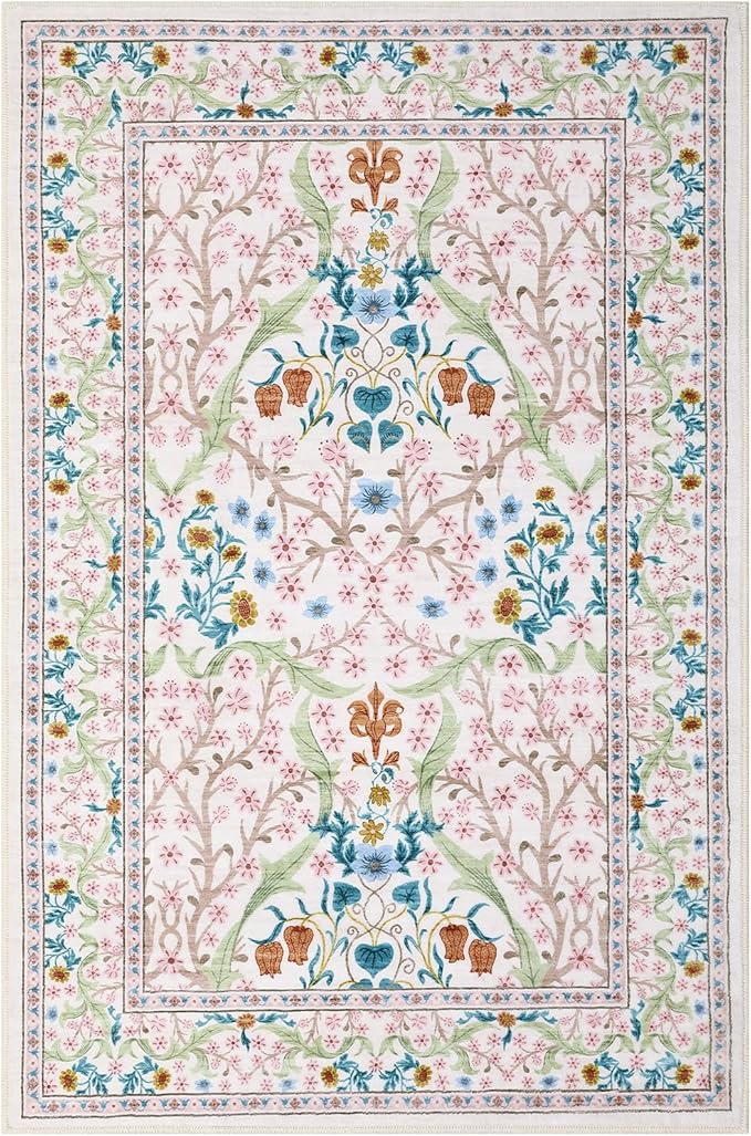 GarveeHome Floral 3x5 Area Rugs for Entryway, Washable Kitchen Rug Non Slip, Low Pile Bedroom Rug, Ultra Soft Stain Resistant Small Carpet for Laundry Room, Pink