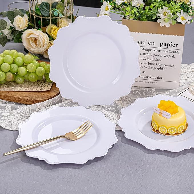 COLOSUS 60pcs 7.5 Inch White Plastic Dessert Plates,Premium Plastic Salad Plates,Heavy Duty Disposable Appetizer Plates for Thanksgiving Wedding and Everyday Use