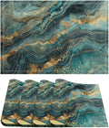 Marble Linen Place Mats Set of 4, 12x17 Inch Modern Abstract Foil Stone Texture Teal Gold Marble Washable Fabric Non-Slip Placemats for Home Dining Table Banquets Party Kitchen Decoration