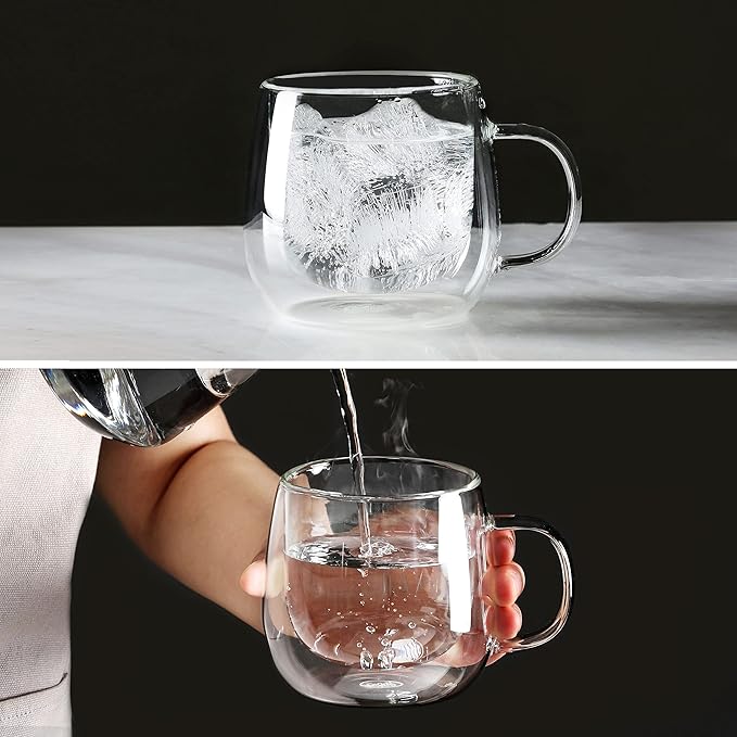 CNGLASS 10oz Double Walled Glass Coffee Mugs(4-pack),Clear Coffee Cups with Handle,Glass Espresso Mugs for Latte,Cappuccino,Tea