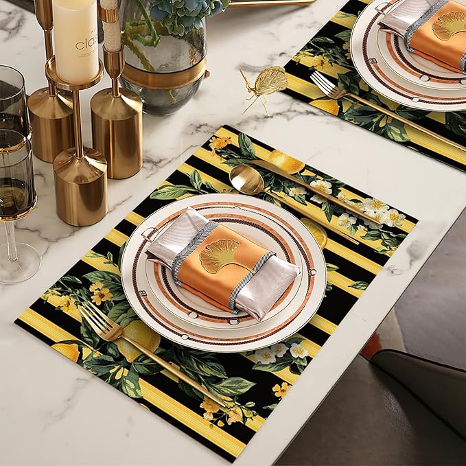 Lemon Placemats Set of 4, Yellow Lemon Place Mats, Fruit Waterproof Washable Table Mats for Home Party Indoor Kitchen Dining Table Decoration 12x18 Inch