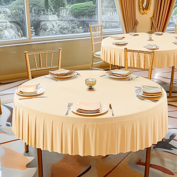 1 Pack Champagne Spandex Round Tablecloths for 72in Table, Stretchy Fitted 6FT Round Table Cloths, Wrinkle Free Table Cover with Skirt for Wedding Birthday Party Bridal Shower Banquet