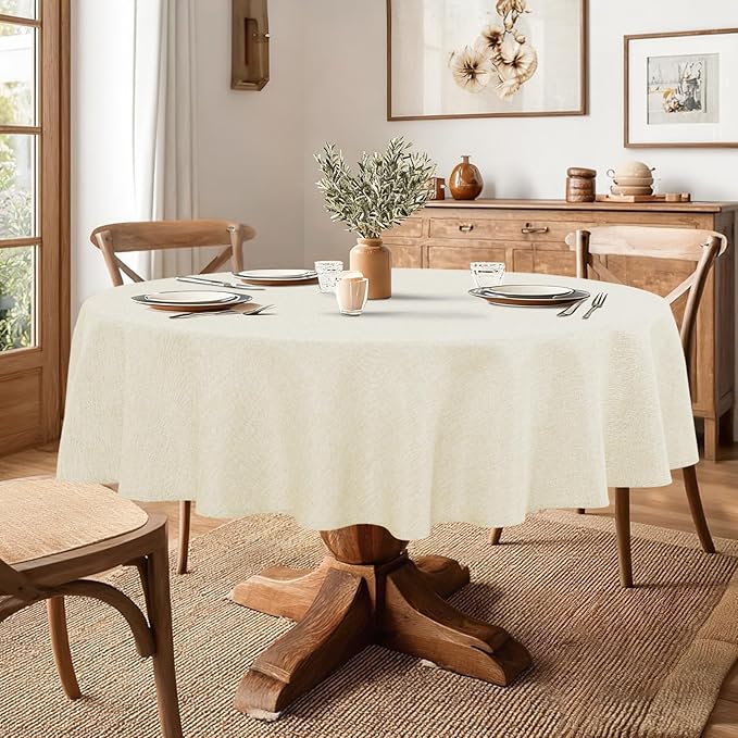 JIUZHEN Round Table Cloth Faux Linen Farmhouse Tablecloth Wrinkle & Stain Resistant Table Cover for Kitchen Dining, Holiday Party Dinner, Champagne, 80 Inch Round