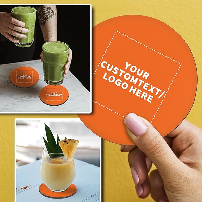 100 Round Foam Bud Coasters Pack, 4 inch - Customizable Text, Logo - PU Foam, Party Favor - Neon Orange
