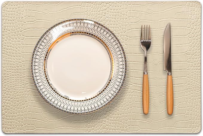 Jovono Faux Leather Placemats Set of 4, Waterproof Heat Resistant Dinner Place Mats for Dining Table, Non-Slip Crocodile Embossed, Beige (17.8x11.8 Inch)